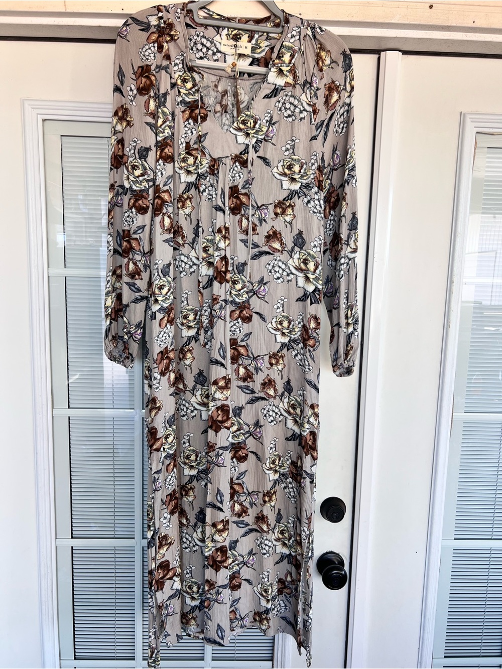 NATURAL LIFE Gray Floral Tie-Neck Maxi Dress